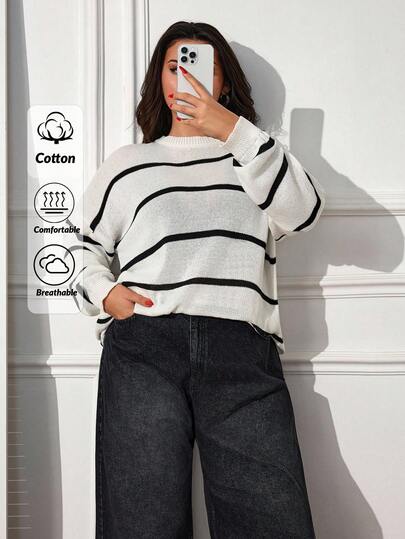 SHEIN Cottnline Plus Size Women's Crew Neck Striped Contrast Color Casual Loose Sweater