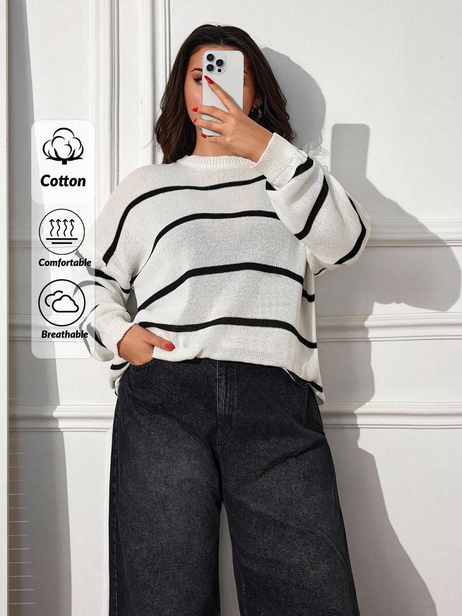 SHEIN Cottnline Plus Size Women's Crew Neck Striped Contrast Color Casual Loose Sweater - Black and White - View 1