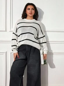 SHEIN Cottnline Plus Size Women's Crew Neck Striped Contrast Color Casual Loose Sweater - Black and White - View 4