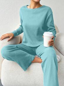 EURMUSE Cotton Women Solid Color Ribbed Tee & Pants - Mint Green - View 1