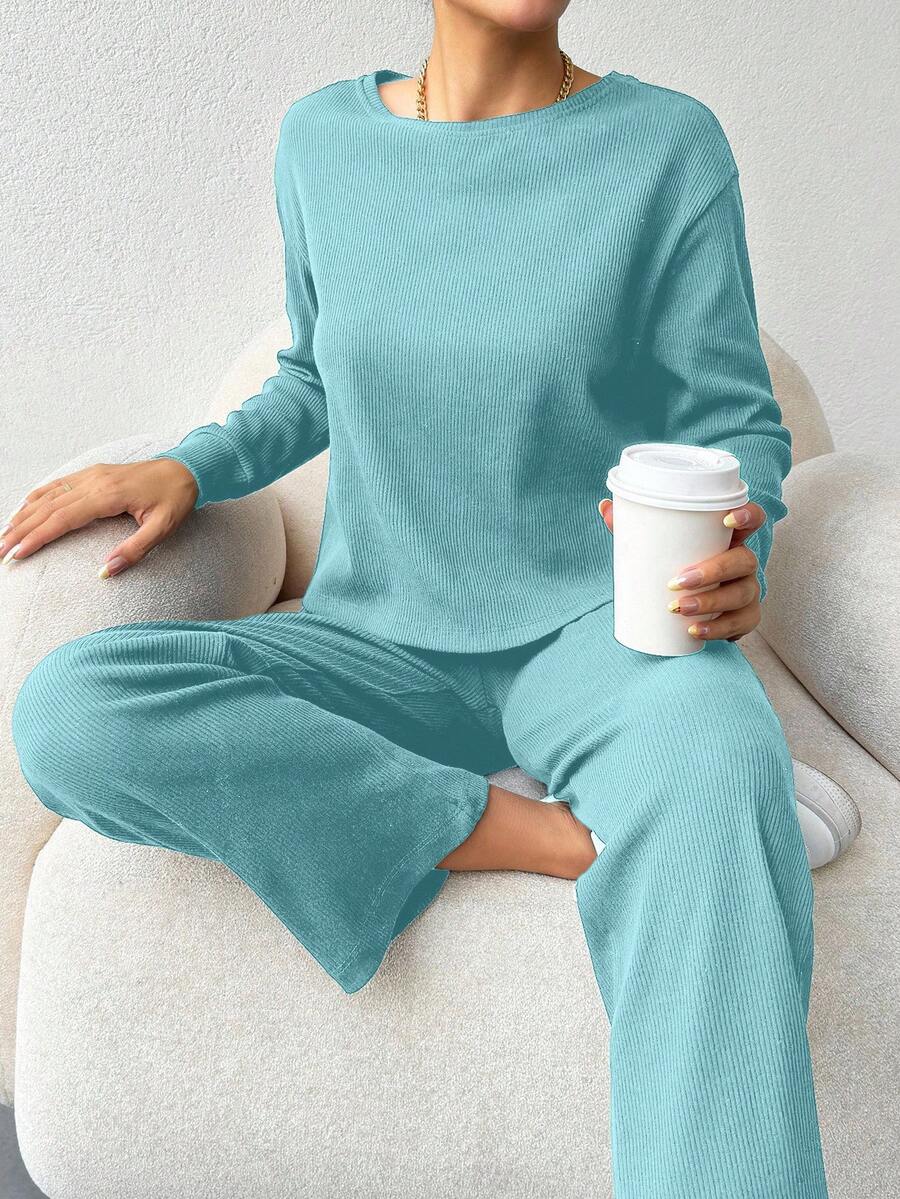 EURMUSE Cotton Women Solid Color Ribbed Tee & Pants - Mint Green - View 1