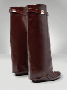 Solezae Women's Knee High Fold Over Pointy Toe High Heel Wedged Boots - Chocolate Brown - View 7