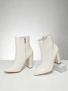 SHUZIA Women's Glamorous Sexy Pointy Toe Side Zip Chunky Heel Sock Booties - Beige - View 3