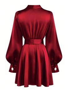 Auvina Váy nữ cỡ lớn tay bồng, cổ chữ V, thắt eo, dáng chữ A, viền loe thanh lịch - Màu Đỏ Sâu - Xem 2