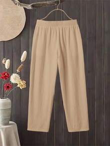 Rusticease Quần dài túi hộp tối giản màu trơn thường ngày dành cho nữ - Màu Khaki - Xem 2