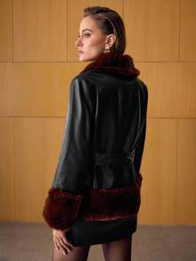 MOTF PREMIUM PU LEATHER CONTRAST FUZZY PANEL SHAWL COLLAR BELTED COAT , FALL WINTER - Black - View 4