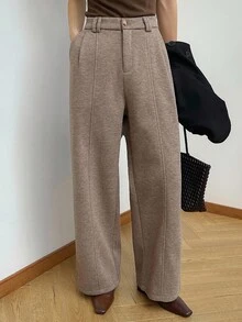 DAZY Women's Loose Solid Color Wool Straight Leg Casual Pants, Thick Autumn/Winter Suit Trousers Fleece Lined Buisness Attire - Brown - View 3
