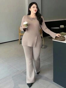 Dazy Plus مجموعة كنزة صوفية بياقة طاقم مع حافة مضبوطة وشق وبنطلون مصنوع من الصوف بساق متسعة، مقاسات كبيرة للنساء في فصل الخريف، قطعتان