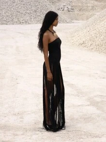 MUSERA Fringe Detail Strapless Bandage Bandeau Maxi Dress Night Out Occasion Elegant Fall Western Autumn Rapture - Black - View 3