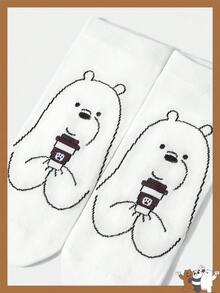 We Bare Bears X SHEIN 1 Pair Women's Comfortable Cute Cartoon Bear Pattern Ankle Socks - White - View 1