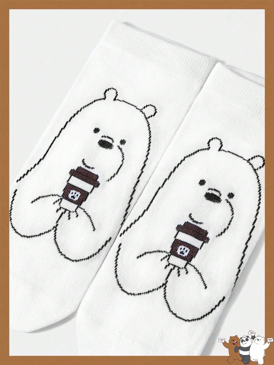 We Bare Bears X SHEIN 1 Pair Women's Comfortable Cute Cartoon Bear Pattern Ankle Socks - White - View 1