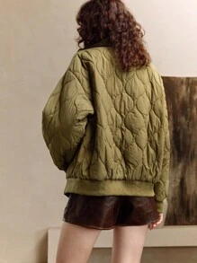 EMERY ROSE Mantel Berlapis Longgar dengan Kerah Warna Kontras, Gaya Inggris, Pakaian Musim Gugur/Dingin untuk Wanita - Hijau Tentara - View 3