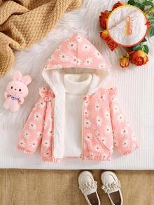 1件女婴秋冬新款印花面料连帽长袖拉链外套，荷叶边装饰，保暖内衬，可爱时尚的冬季外套 - 粉色 - 查看 7