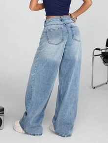 100% 纯棉女式低腰阔腿中号蓝色 Y2K 风格宽松牛仔裤 - 中等水洗藍 - 查看 2