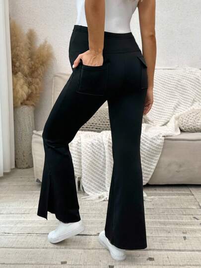 SHEIN High Waist Solid Color Flare Pants With Pockets, Yoga & Workout Leggings With Tummy Control Design, Maternity Bottoms