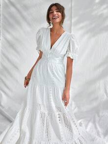 CLARA VERO 女式纯色前蝴蝶结和纽扣细节短袖棉质刺绣连衣裙 - 白色 - 查看 4