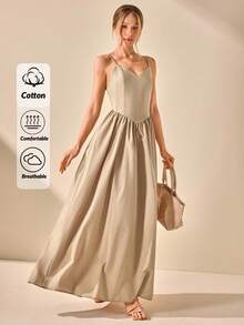 CLARA VERO 吊带棉质 V 领露背长裙，优雅时尚长裙，适合夏季婚礼风格 - 米色 - 查看 1