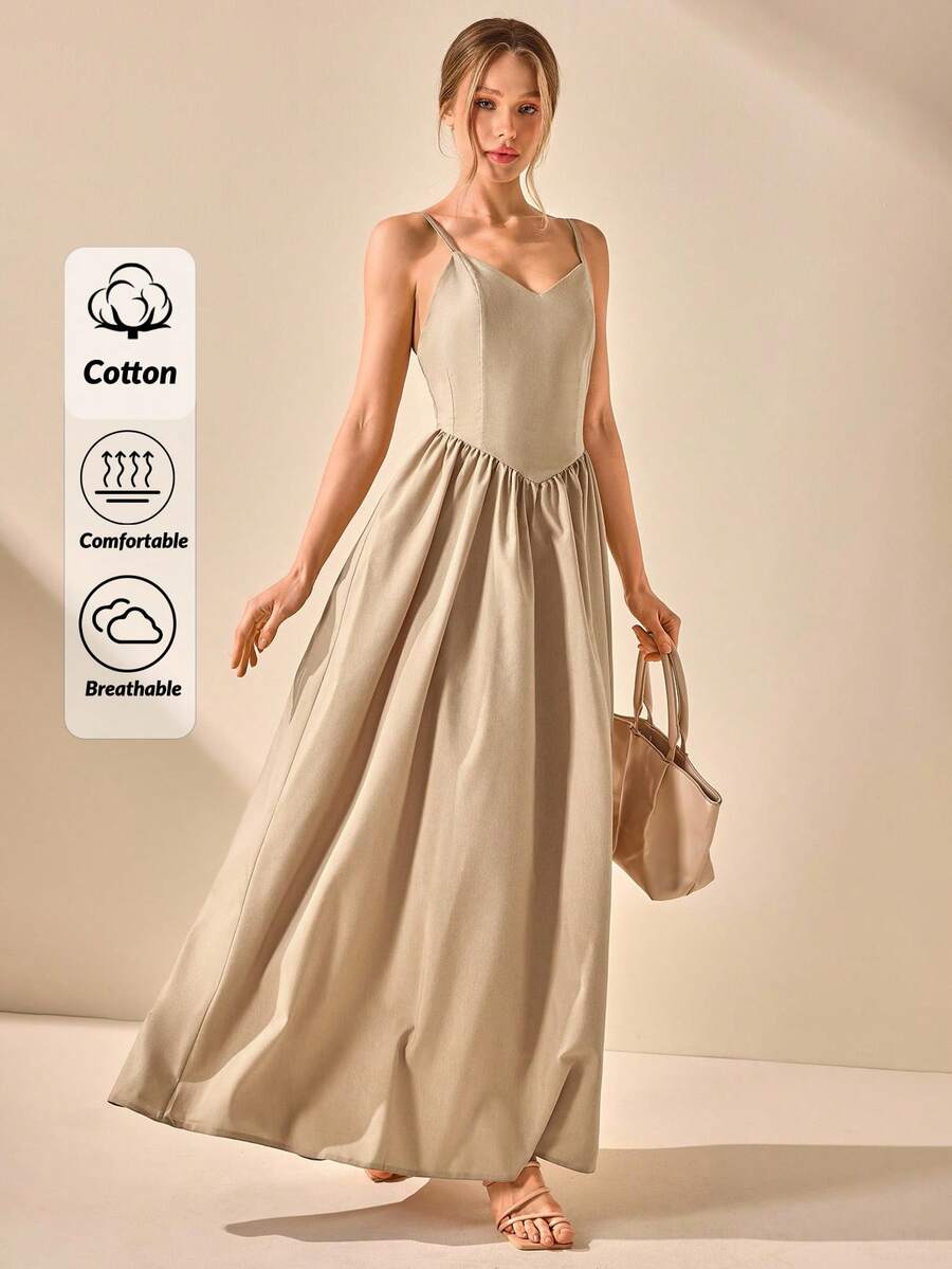 CLARA VERO 吊带棉质 V 领露背长裙，优雅时尚长裙，适合夏季婚礼风格 - 米色 - 查看 1