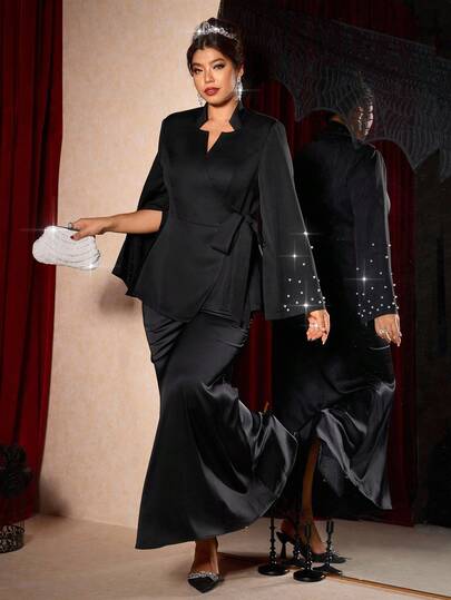 Cravure 大码女式优雅日常时尚商务通勤开衫，珍珠装饰，前系腰带，黑色西装外套