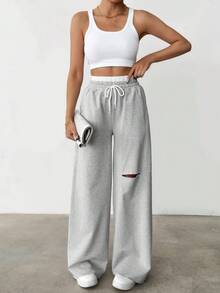 CasuGlow Cotton Drawstring Waist Casual Cut Out Wide Legs Sweatpants - Grey - View 8