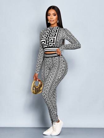 SOLERSUN 2-delars set dam höst/vinter grafiskt tryck design kontrastfärg långärmad topp och byxor set Thanksgiving dam outfit vinter damkläder