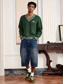 SWAVVY Men's Standard V-Neck Cable Knit Long Sleeve Sweater , Fall Winter - Dark Green - View 3