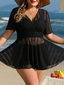 Swim Lushoire Plus Size Women 2pcs Solid Color Mesh Skirt Casual Beach Holiday Bikini Swimsuit Set For Summer Beach Vacation