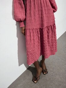 Maija Váy dài tay bồng cổ chữ V họa tiết kẻ caro đỏ tím đậm, viền bèo nhún, thắt eo, viền loe tôn dáng, trang phục lễ hội âm nhạc đồng quê phong cách Bohemian sang trọng, váy nhẹ nhàng, đa năng cho mọi mùa - Màu đỏ tím - Xem 8