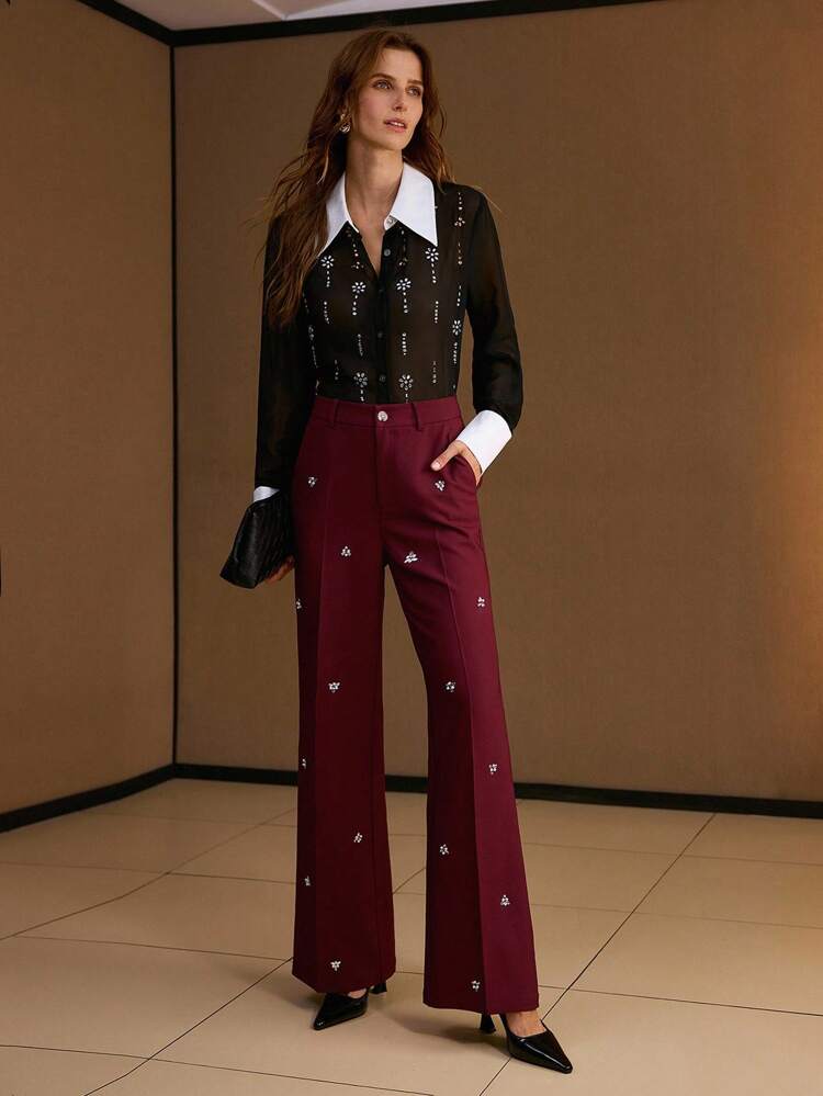 RHINESTONE FLARE LEG SUIT PANTS