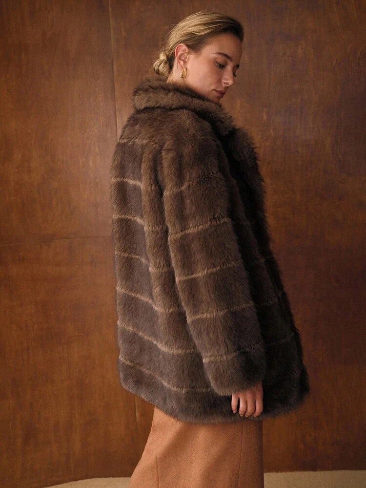 LAPEL COLLAR LONG SLEEVE FAUX FUR COAT