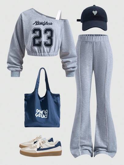 SHEIN Explorewe 1 Bộ đồ thể thao màu xám in chữ và số hở vai tay dài và quần ống rộng cho bé gái tuổi teen, trang phục thường ngày, xuân/thu