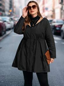 SHEIN Clasi معطف مبطن للنساء كبيرات الحجم، معطف مبطن أنيق باللون الأسود مع بطانة، معطف مبطن مزود بقلنسوة، معطف مبطن مخصر مع جيوب، ملابس شتوية للنساء، جاكيت شتوي للنساء، ملابس شتوية للنساء، إطلالات شتوية للنساء