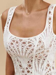 SHEIN BAE Top corto da donna in colore unito, in pizzo idrosolubile, adatto per le vacanze estive - Bianco - Visualizzare 7
