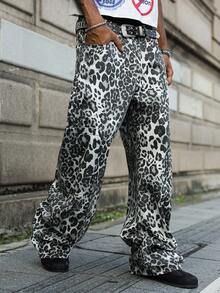 PAVTROS Manfinity Streetrush Fashionable Loose Fit Leopard Print Distressed Jeans, Casual American Style For Autumn - Multicolor - View 3