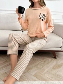 RueChic 100% Cotton 2pcs  Slogan Printed Lounge Set - Baby Pink - View 4