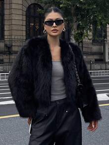 DAZY V领修身高端仿皮草女式外套，秋冬女装大衣 - 黑色 - 查看 6