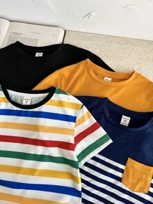 SHEIN 小男孩买 3 送 1，4 件/套舒适、经济、百搭日常休闲条纹圆领短袖 T 恤带口袋，适合春夏季、日常穿着、运动、郊游、学校、聚会、节日、拍照、返校季 - 彩色 - 查看 4