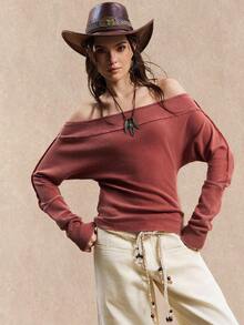 Easelle Women's Vintage Wash Water Bohemian Persimmon Red Off Shoulder Long Sleeve Knitted Women T-Shirt Fall Winter Women Clothes Off The Shoulder Tops