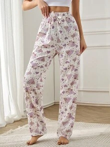 EURMUSE Women 2 Packs Cute Bear Pattern With Fake Drawstring Detail Homewear Lounge Bottom Set - Multicolor - View 6