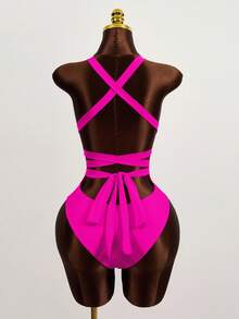 Zestiva Summer Beach Open Back Self Tie One Piece Swimsuit - Hot Pink - View 2