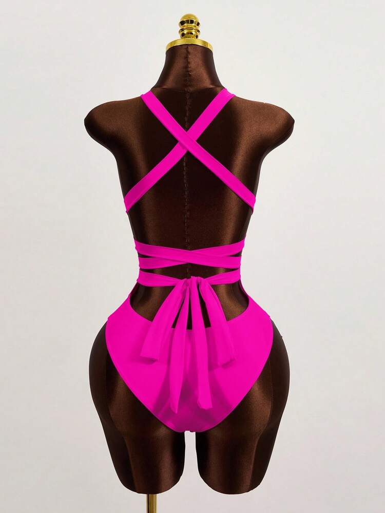 Summer Beach Open Back Self Tie One Piece Swimsuit