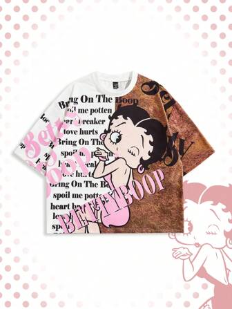Betty Boop | ROMWE T-shirt a maniche corte da uomo con grafica a contrasto di lettere e numeri, girocollo