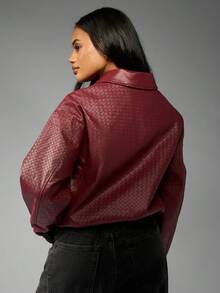 MISSGUIDED 女士编织皮革飞行员夹克绗缝图案冬季时尚休闲拉链外套带领罗纹下摆酒红色 - 酒紅色 - 查看 2