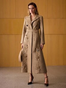 MOTF PREMIUM WOOL APPLIQUES BELTED OVERCOAT - Khaki - View 7