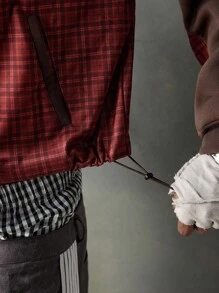 Manfinity VCAY Men's Letter Embroidery Patchwork Plaid Hoodie Sweatshirt, Fall, Winter - Red - View 5