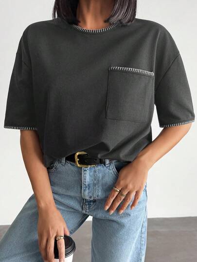 EURMUSE Plus Women Black Contrast Trim And Pocket Detailed Oversize Tshirt