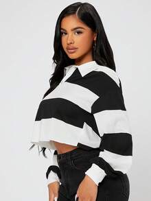 SHEIN PETITE Half Button Colourblock Drop Shoulder Crop Tee - Black and White - View 5