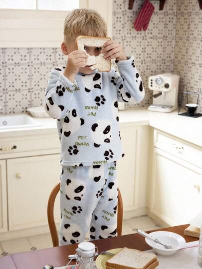 SHEIN 2pcs Young Boy Blue Cute Panda Print Plush Long Sleeve Pajama Set Fall Winter