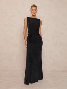 Lumalex 女式船领精致系带无袖A字喇叭裙 - 黑色 - 查看 5