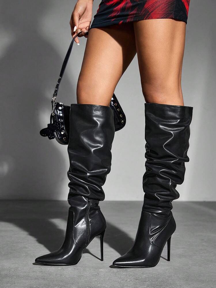 CUCCOO SZL Women's Fashionable Pointed Toe Stiletto Long Boots, Black Slip-On Mid-Calf Boot For Spring Break Easter For Christmas Spring Shoes